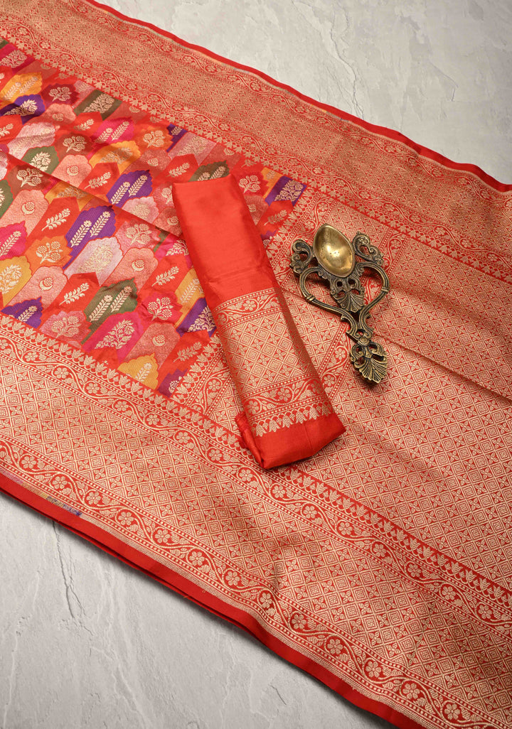 Multicolor Rangkaat Style Banarasi Katan Silk Saree and Geometric Brocade and Zari Border | SILK MARK CERTIFIED