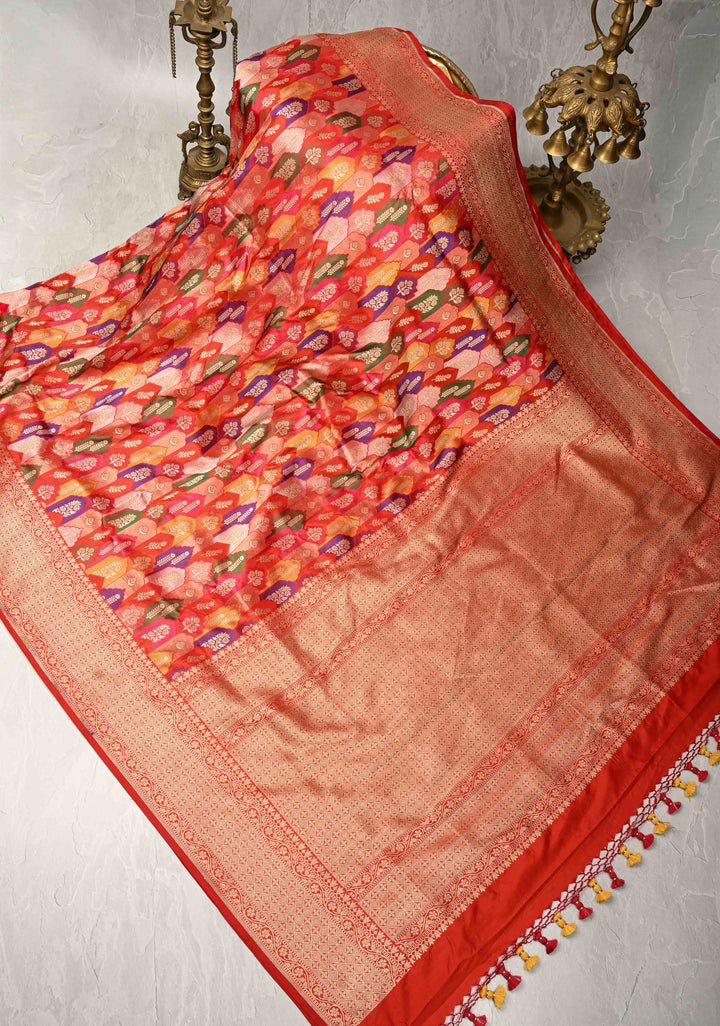 Multicolor Rangkaat Style Banarasi Katan Silk Saree and Geometric Brocade and Zari Border | SILK MARK CERTIFIED