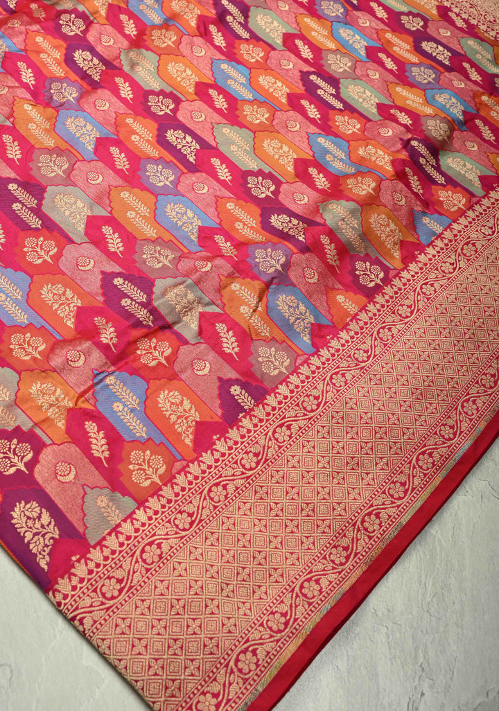 Multicolor Rangkaat Style Banarasi Katan Silk Saree and Geometric Brocade and Zari Border | SILK MARK CERTIFIED