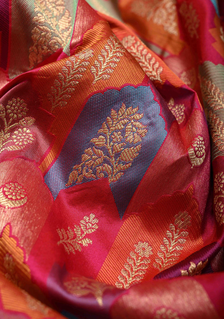 Multicolor Rangkaat Style Banarasi Katan Silk Saree and Geometric Brocade and Zari Border | SILK MARK CERTIFIED