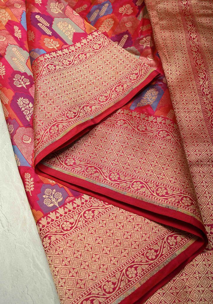 Multicolor Rangkaat Style Banarasi Katan Silk Saree and Geometric Brocade and Zari Border | SILK MARK CERTIFIED