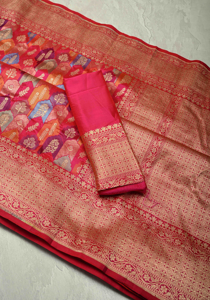 Multicolor Rangkaat Style Banarasi Katan Silk Saree and Geometric Brocade and Zari Border | SILK MARK CERTIFIED