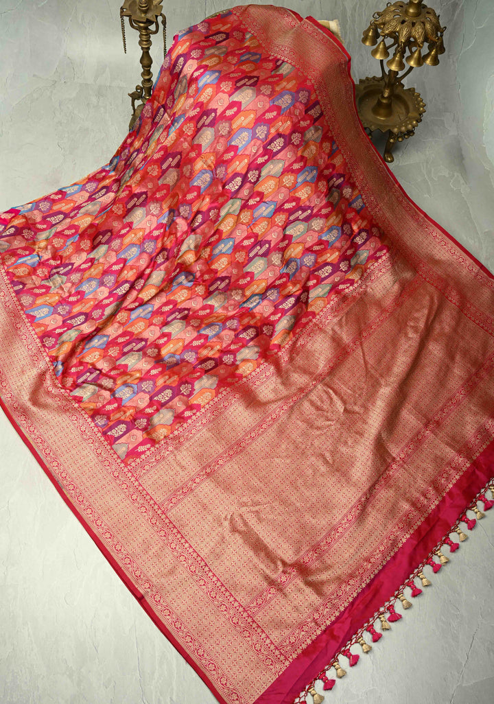 Multicolor Rangkaat Style Banarasi Katan Silk Saree and Geometric Brocade and Zari Border | SILK MARK CERTIFIED