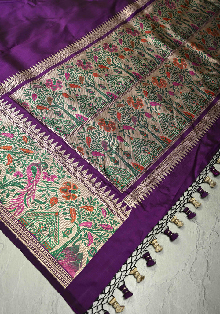 Jamuni Purple Pure Banarasi Katan Silk Saree with Paithani Style Borders and Pallu | SILK MARK CERTIFIED