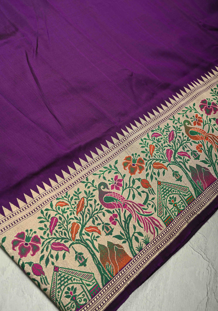 Jamuni Purple Pure Banarasi Katan Silk Saree with Paithani Style Borders and Pallu | SILK MARK CERTIFIED