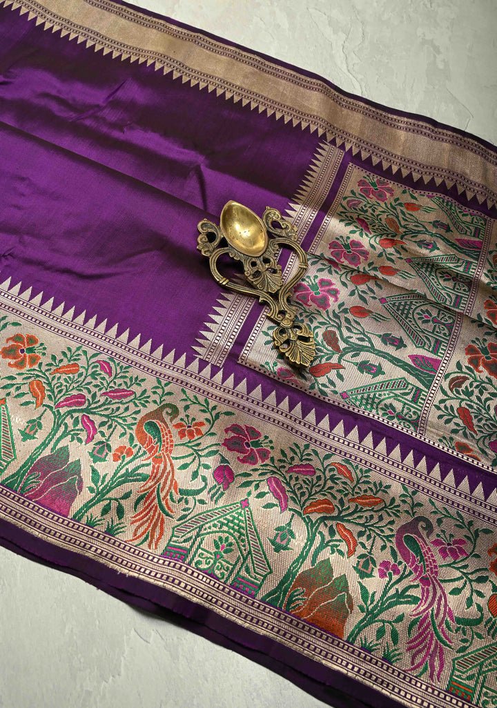 Jamuni Purple Pure Banarasi Katan Silk Saree with Paithani Style Borders and Pallu | SILK MARK CERTIFIED