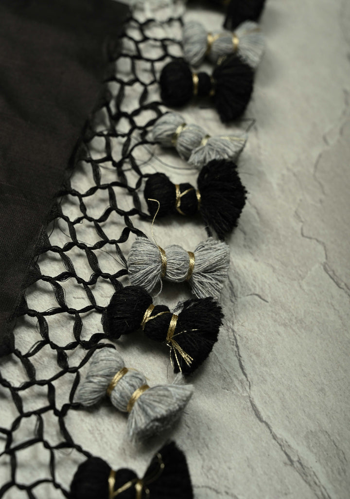 Black-Gray Banarasi Katan Silk Saree with Vine Zari Stripes and Zari Border | SILK MARK CERTIFIED