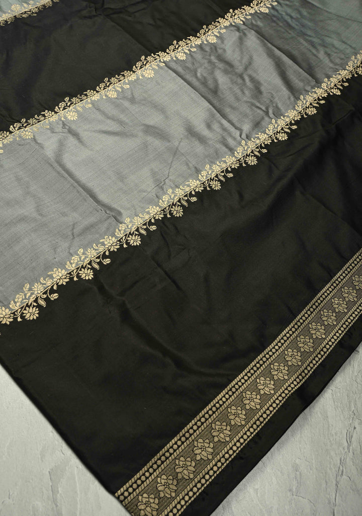 Black-Gray Banarasi Katan Silk Saree with Vine Zari Stripes and Zari Border | SILK MARK CERTIFIED