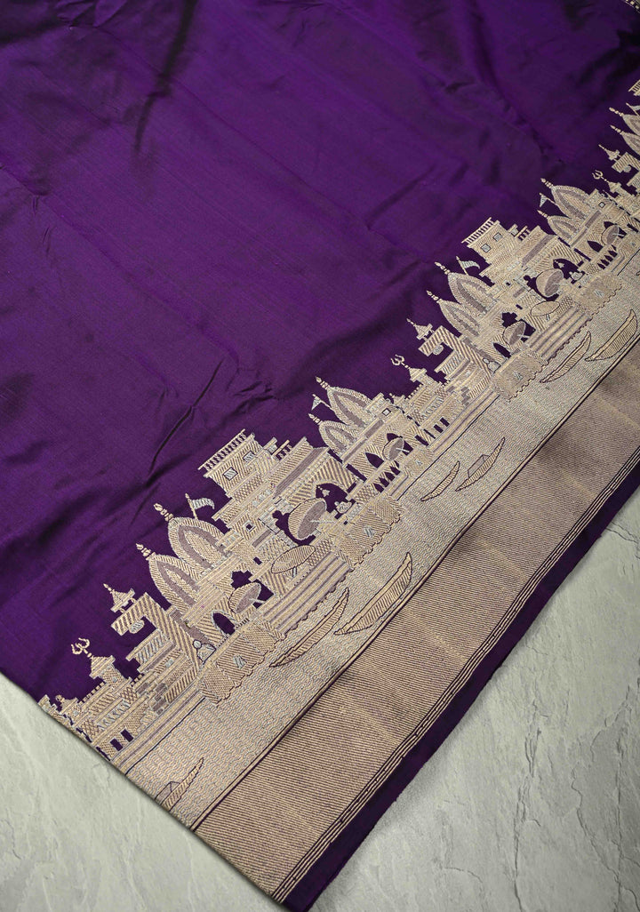 Eggplant Purple Banarasi Katan Silk Saree with and Ganga Ghat Temple Zari Border | SILK MARK CERTIFIED