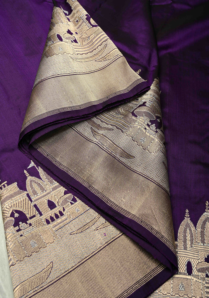 Eggplant Purple Banarasi Katan Silk Saree with and Ganga Ghat Temple Zari Border | SILK MARK CERTIFIED