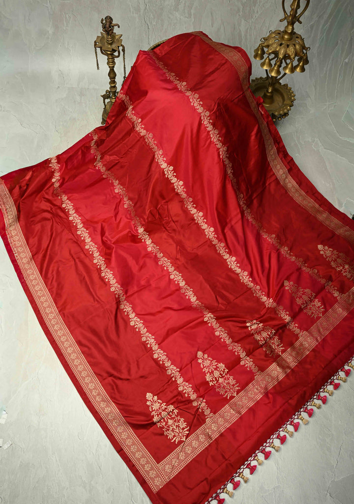 Shades of Red Banarasi Katan Silk Saree with Vine Zari Stripes and Zari Border | SILK MARK CERTIFIED
