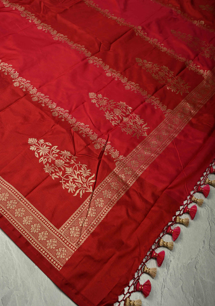 Shades of Red Banarasi Katan Silk Saree with Vine Zari Stripes and Zari Border | SILK MARK CERTIFIED