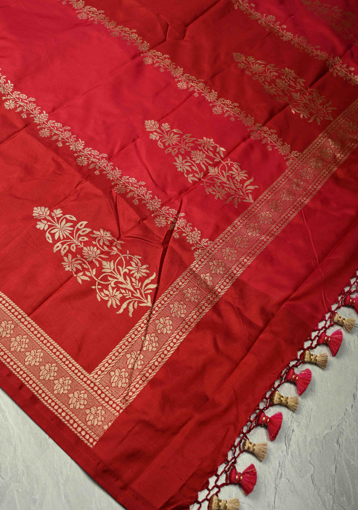 Shades of Red Banarasi Katan Silk Saree with Vine Zari Stripes and Zari Border | SILK MARK CERTIFIED