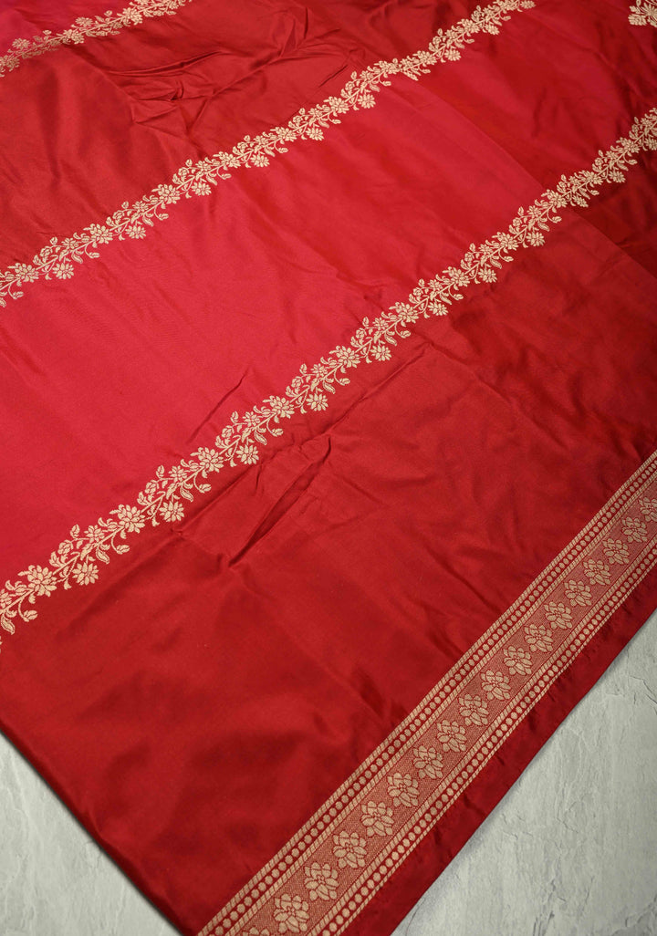 Shades of Red Banarasi Katan Silk Saree with Vine Zari Stripes and Zari Border | SILK MARK CERTIFIED