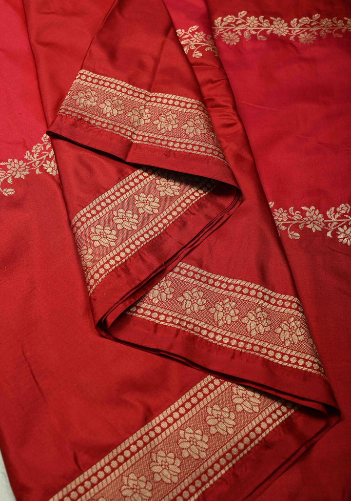 Shades of Red Banarasi Katan Silk Saree with Vine Zari Stripes and Zari Border | SILK MARK CERTIFIED