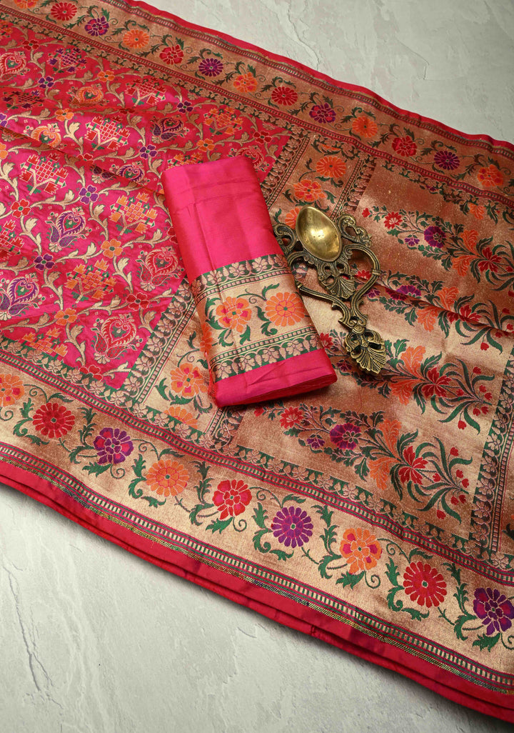 Exquisite Hot Pink Banarasi Meenakari Patola Design Saree in Pure Katan Silk with Intricate Pallu | SILK MARK CERTIFIED
