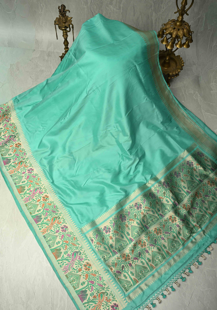 Seafoam Green Pure Banarasi Katan Silk Saree with Paithani Style Borders and Pallu | SILK MARK CERTIFIED