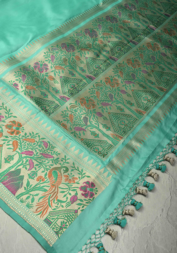 Seafoam Green Pure Banarasi Katan Silk Saree with Paithani Style Borders and Pallu | SILK MARK CERTIFIED