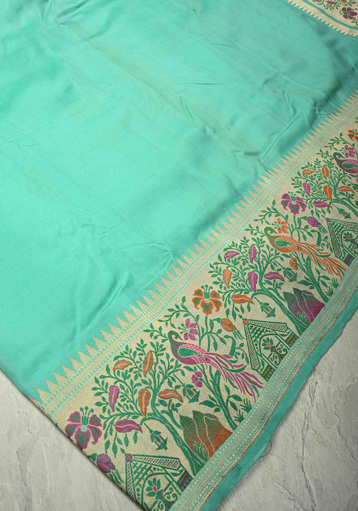 Seafoam Green Pure Banarasi Katan Silk Saree with Paithani Style Borders and Pallu | SILK MARK CERTIFIED