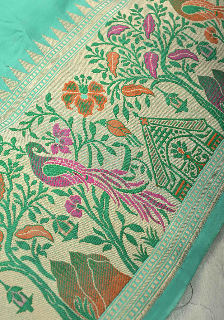 Seafoam Green Pure Banarasi Katan Silk Saree with Paithani Style Borders and Pallu | SILK MARK CERTIFIED