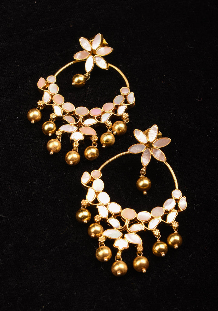 92.5 Silver 24 Kt Gold Plated Mother of Pearls Chandbali Earring with dangling Beads