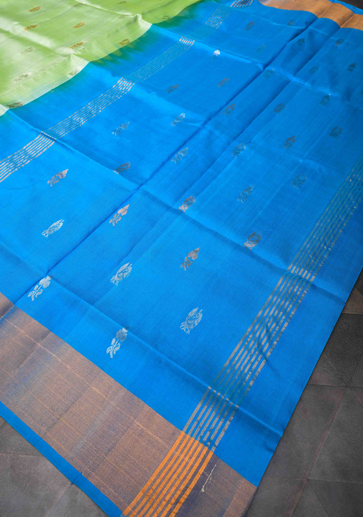Tea Green Uppada Handloom Silk Saree With Sona Rupa Buttas And Zari Border