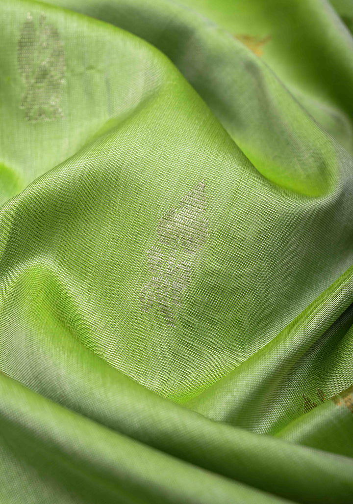 Tea Green Uppada Handloom Silk Saree With Sona Rupa Buttas And Zari Border