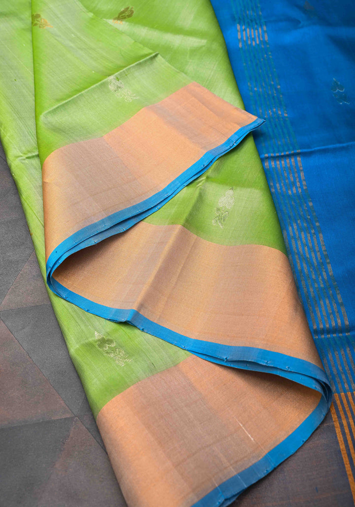 Tea Green Uppada Handloom Silk Saree With Sona Rupa Buttas And Zari Border