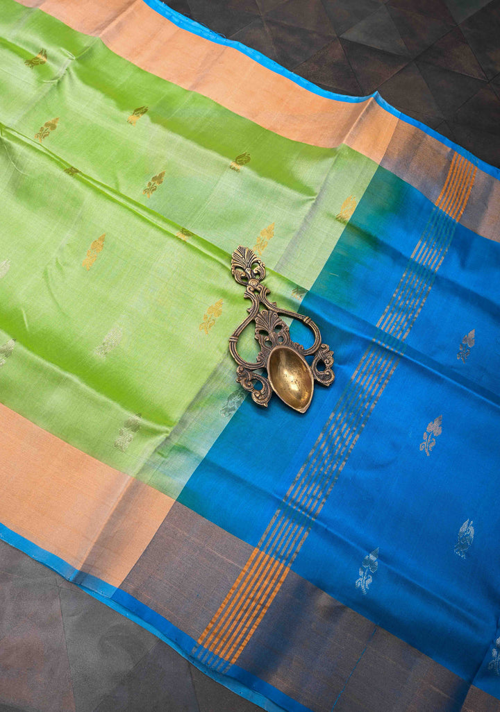 Tea Green Uppada Handloom Silk Saree With Sona Rupa Buttas And Zari Border