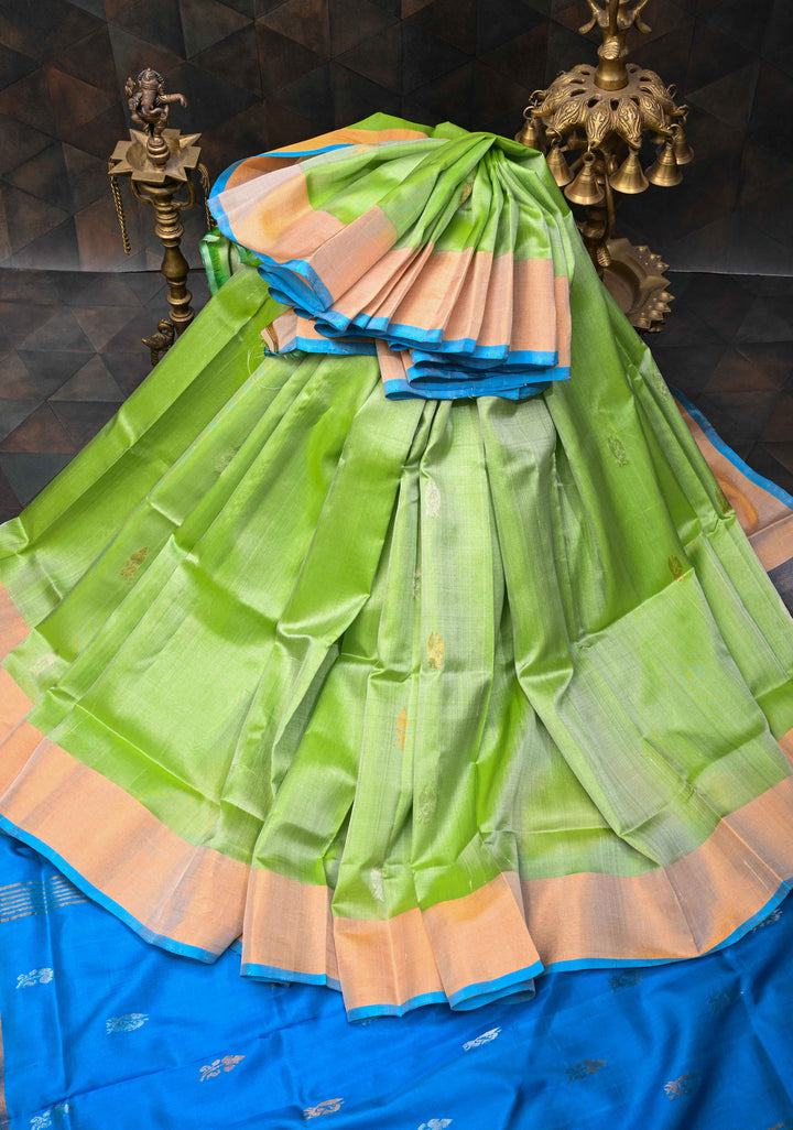 Tea Green Uppada Handloom Silk Saree With Sona Rupa Buttas And Zari Border