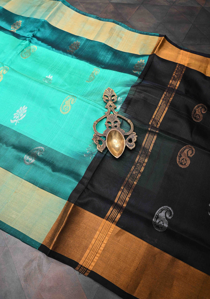India Green Uppada Handloom Silk Saree With Sona Rupa Buttas And Zari Border | SILK MARK CERTIFIED