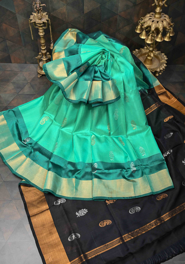Greenish Teal Uppada Handloom Silk Saree with Sona Rupa Buttas and Pallu | SILK MARK CERTIFIED
