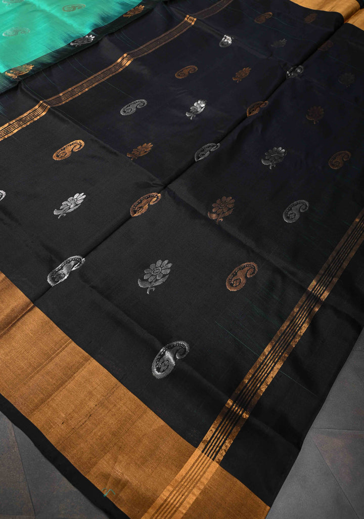 Greenish Teal Uppada Handloom Silk Saree with Sona Rupa Buttas and Pallu | SILK MARK CERTIFIED