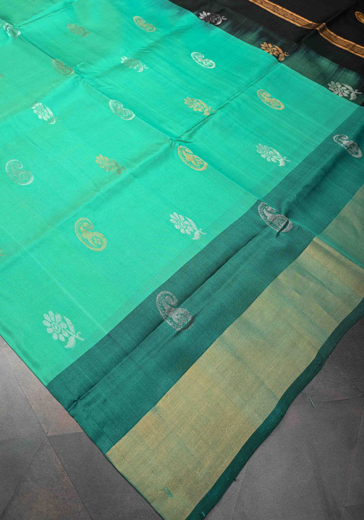 Greenish Teal Uppada Handloom Silk Saree with Sona Rupa Buttas and Pallu | SILK MARK CERTIFIED