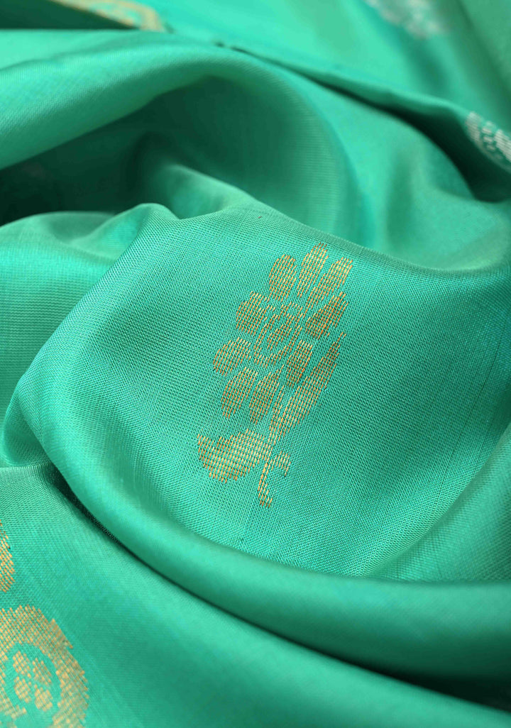 Greenish Teal Uppada Handloom Silk Saree with Sona Rupa Buttas and Pallu | SILK MARK CERTIFIED