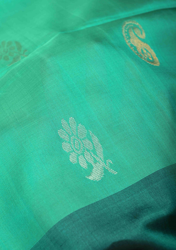 Greenish Teal Uppada Handloom Silk Saree with Sona Rupa Buttas and Pallu | SILK MARK CERTIFIED