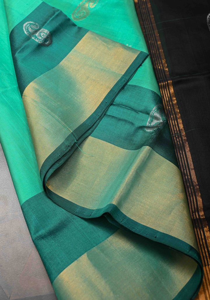 Greenish Teal Uppada Handloom Silk Saree with Sona Rupa Buttas and Pallu | SILK MARK CERTIFIED