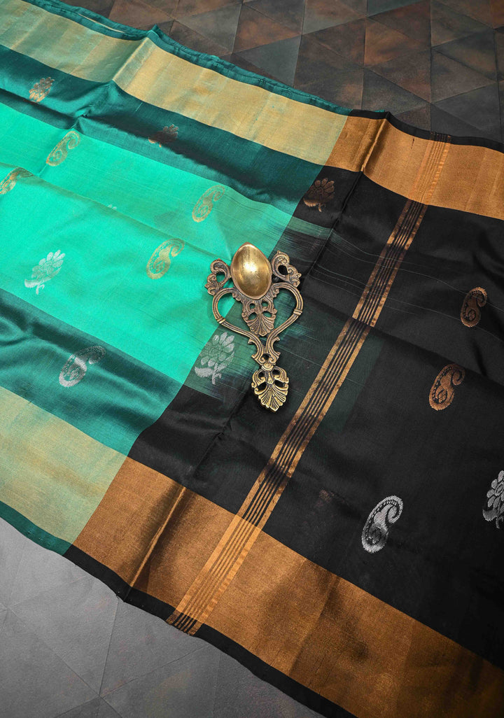 Greenish Teal Uppada Handloom Silk Saree with Sona Rupa Buttas and Pallu | SILK MARK CERTIFIED