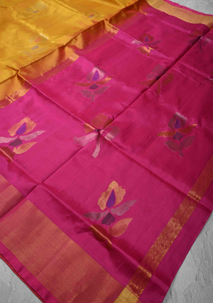 Authentic Mustard Uppada Handloom Silk Saree with Jamdani Buttas and Zari Border | SILK MARK CERTIFIED