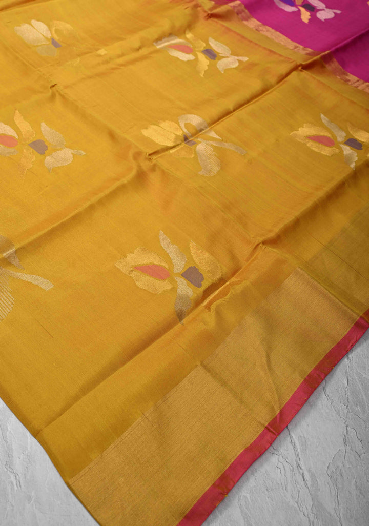 Authentic Mustard Uppada Handloom Silk Saree with Jamdani Buttas and Zari Border | SILK MARK CERTIFIED