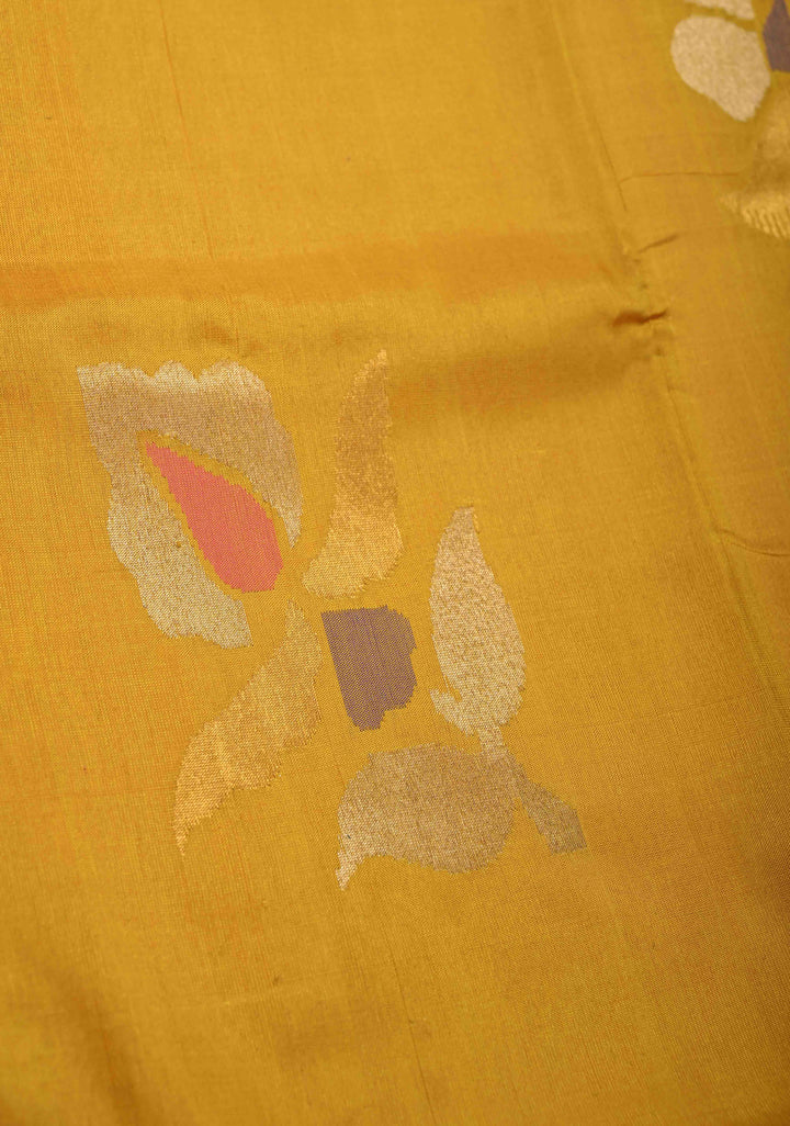 Authentic Mustard Uppada Handloom Silk Saree with Jamdani Buttas and Zari Border | SILK MARK CERTIFIED