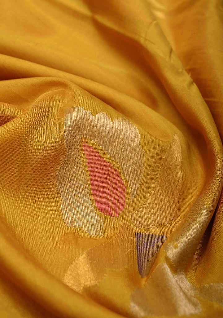 Authentic Mustard Uppada Handloom Silk Saree with Jamdani Buttas and Zari Border | SILK MARK CERTIFIED