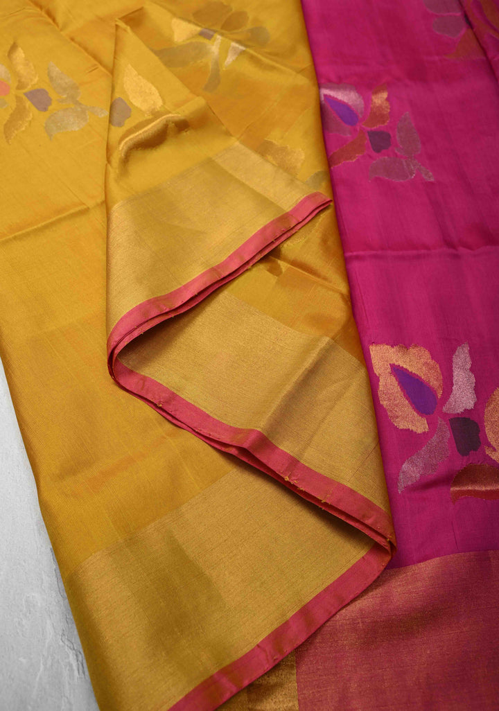 Authentic Mustard Uppada Handloom Silk Saree with Jamdani Buttas and Zari Border | SILK MARK CERTIFIED