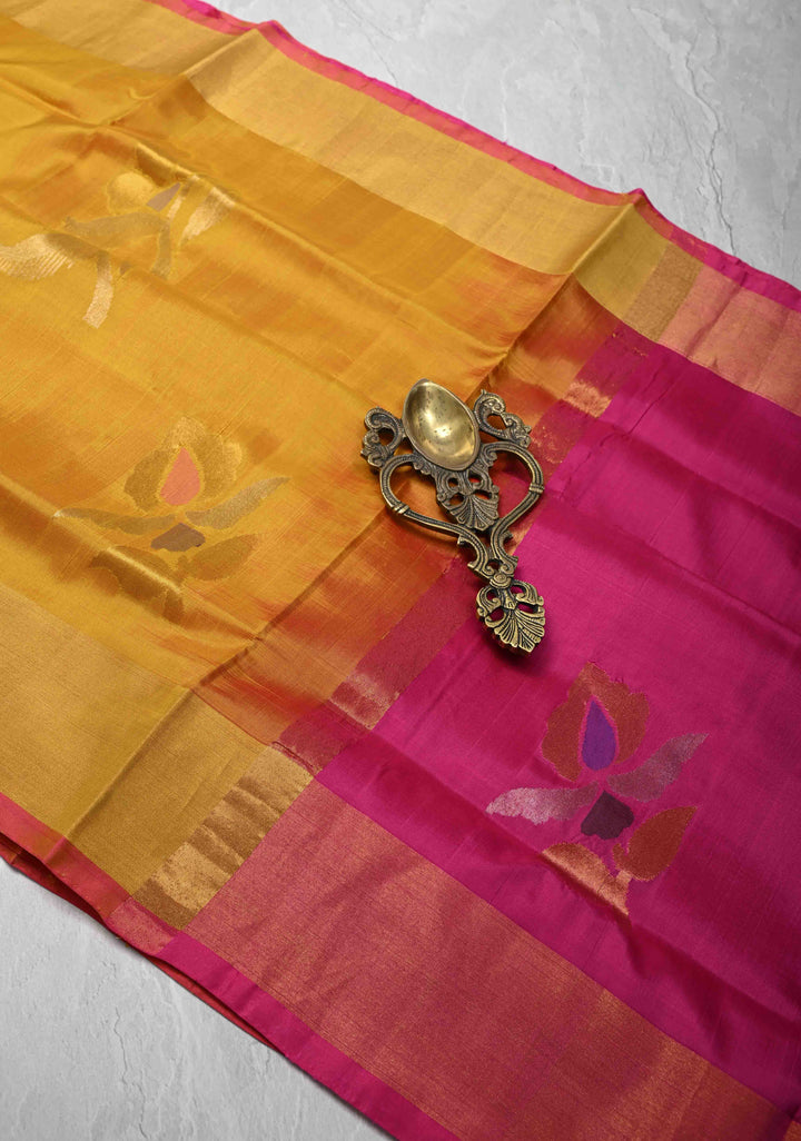 Authentic Mustard Uppada Handloom Silk Saree with Jamdani Buttas and Zari Border | SILK MARK CERTIFIED