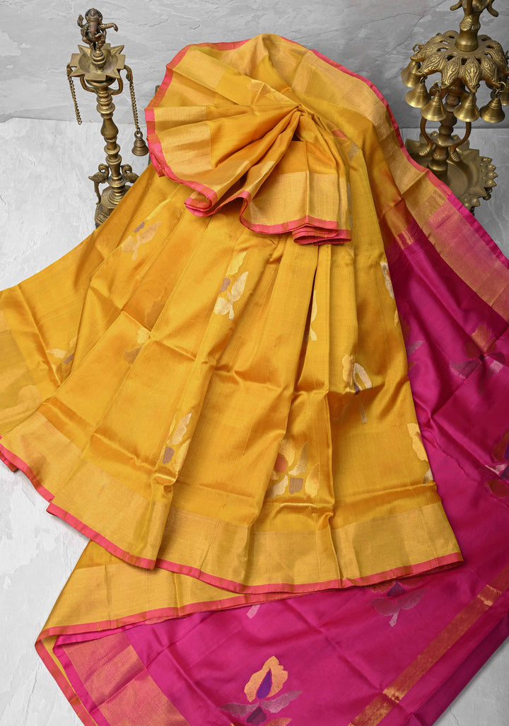Authentic Mustard Uppada Handloom Silk Saree with Jamdani Buttas and Zari Border | SILK MARK CERTIFIED