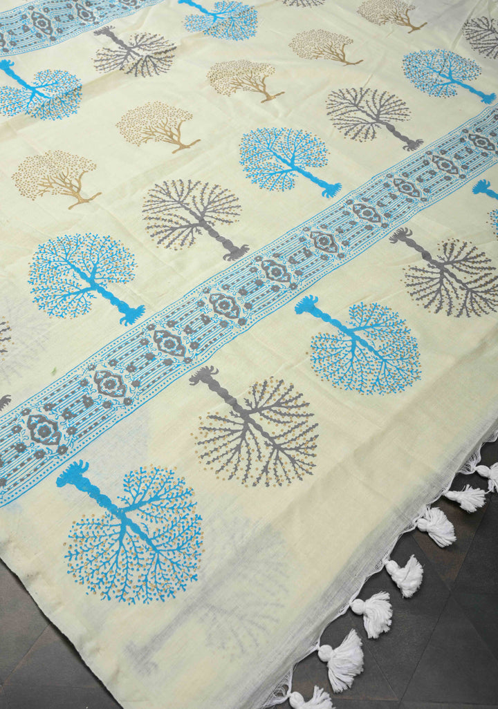 Off White Uppada Handloom Cotton Saree with Tree of life Buttas on Border and Pallu