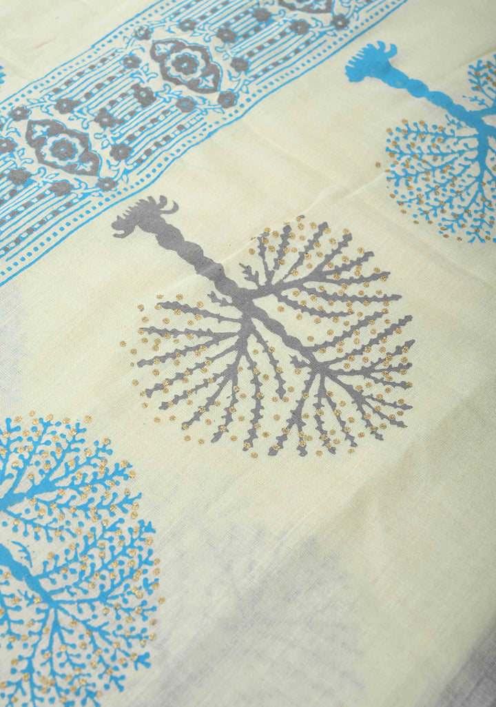Off White Uppada Handloom Cotton Saree with Tree of life Buttas on Border and Pallu