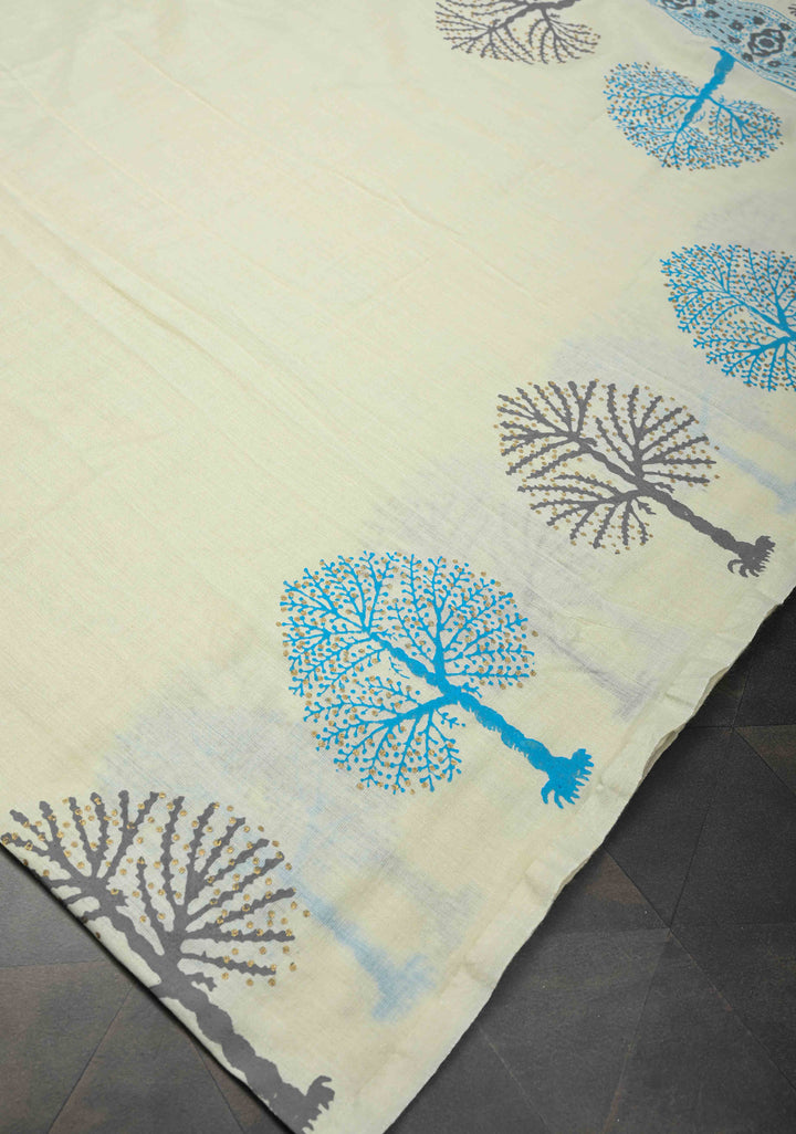 Off White Uppada Handloom Cotton Saree with Tree of life Buttas on Border and Pallu