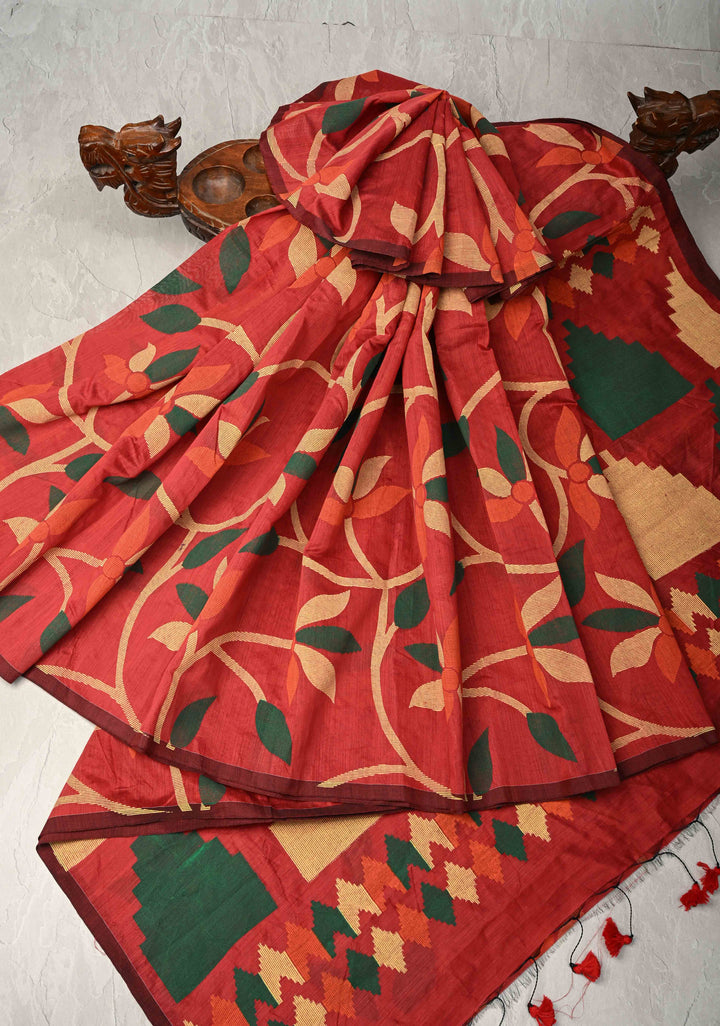 Brick Red Uppada Handloom Silk Saree with Full Body Jamdani Jaal and Border
