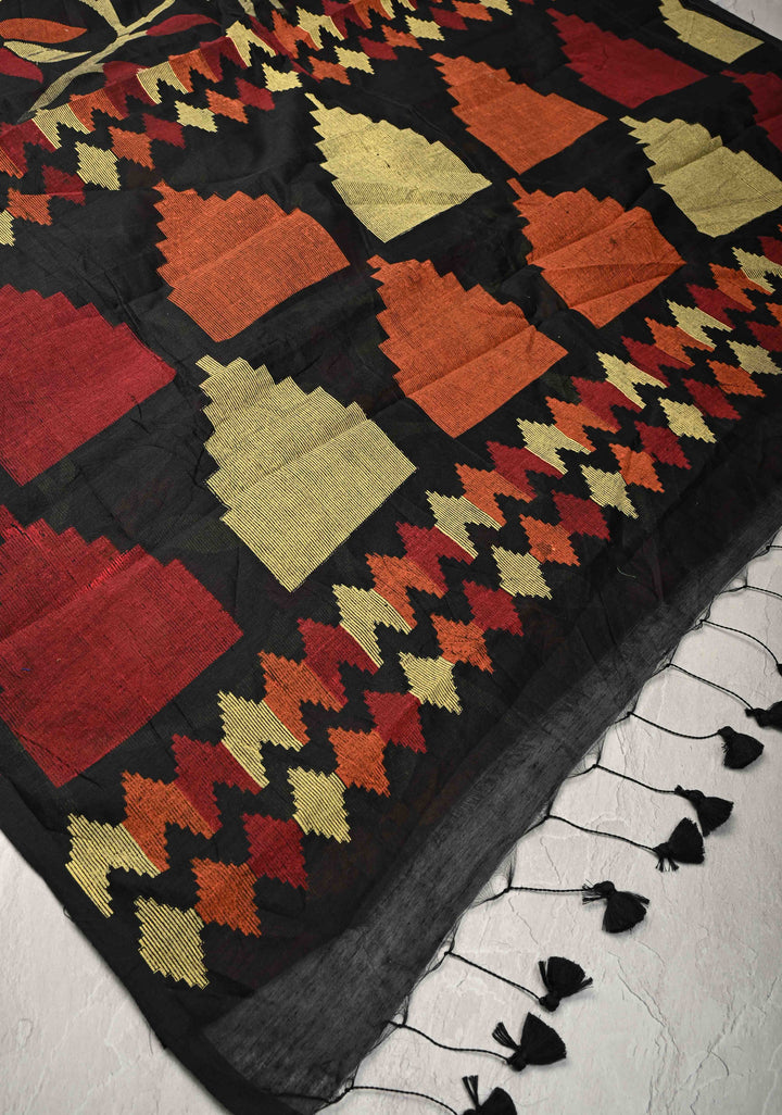 Black Uppada Handloom Cotton Saree with Jamdani Screen Print